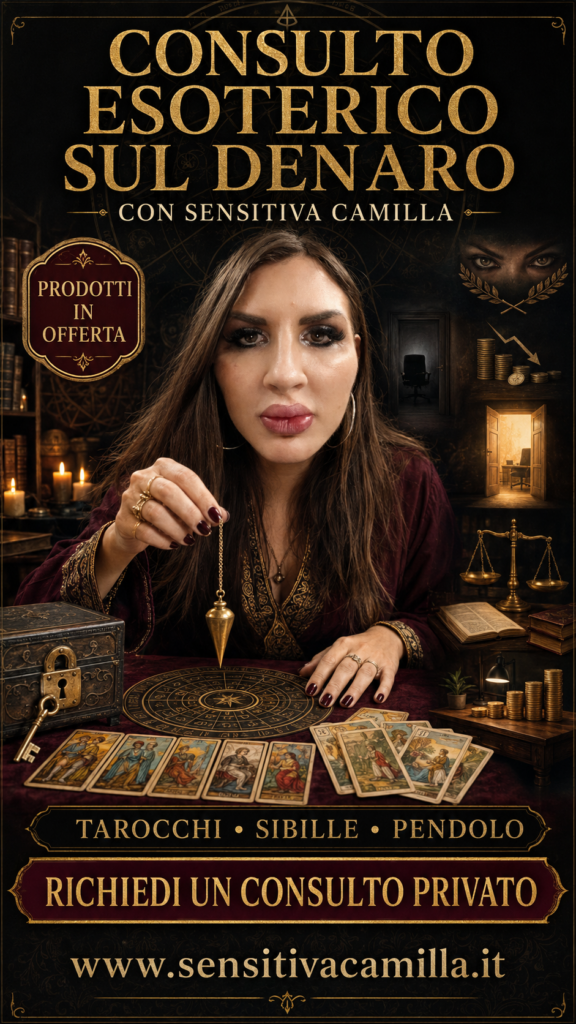 La Sensitiva Camilla, in tunica granata, svolge un consulto esoterico sul denaro utilizzando Tarocchi, Sibille e pendolo. Intorno compaiono un forziere chiuso, opportunità professionali, bilancia e crescita economica graduale. Testo: “Consulto esoterico sul denaro con Sensitiva Camilla”, “Prodotti in offerta”, “Richiedi un consulto privato” e “[www.sensitivacamilla.it”](https://www.sensitivacamilla.it”).
