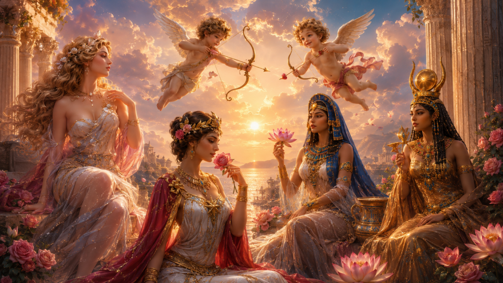 Illustrazione delle divinità dell’amore Afrodite, Venere, Eros, Cupido, Iside e Hathor in un giardino mitologico al tramonto, simboli di amore e tradizioni esoteriche