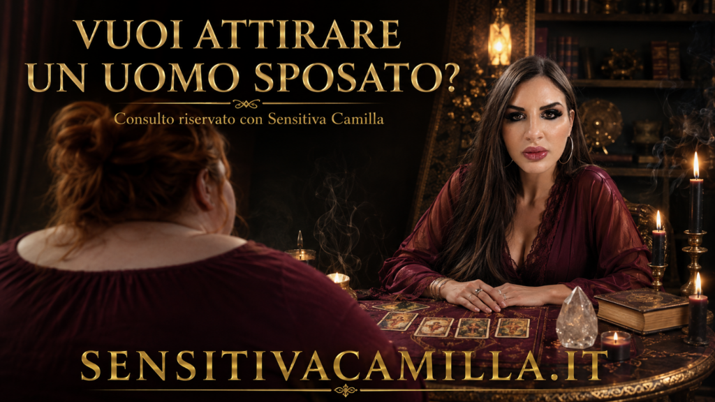 Sensitiva Camilla, seduta dietro un tavolo esoterico con tarocchi, candele e cristallo, riceve il consulto amoroso di una donna dai capelli rossi nel suo elegante studio esoterico.