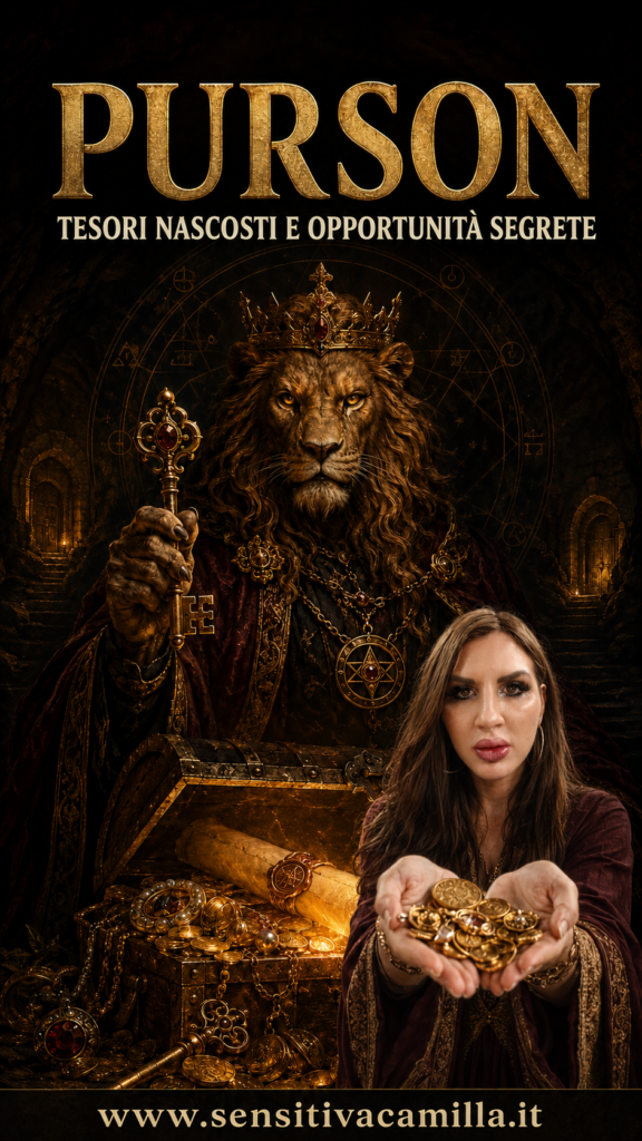 Purson, demone dell’Ars Goetia con testa di leone e corona, custodisce un antico forziere colmo di monete e tesori. In primo piano, la Sensitiva Camilla mostra con stupore dell’oro verso la camera. Testo: “Purson – Tesori nascosti e opportunità segrete” e “www.sensitivacamilla.it”.